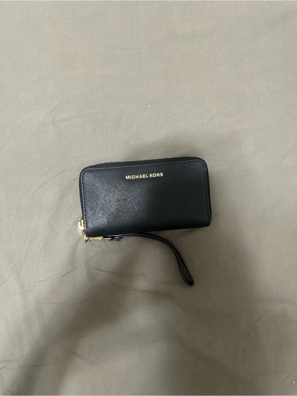 Michael Kors Black Saffiano Leather Wristlet with Gold Logo